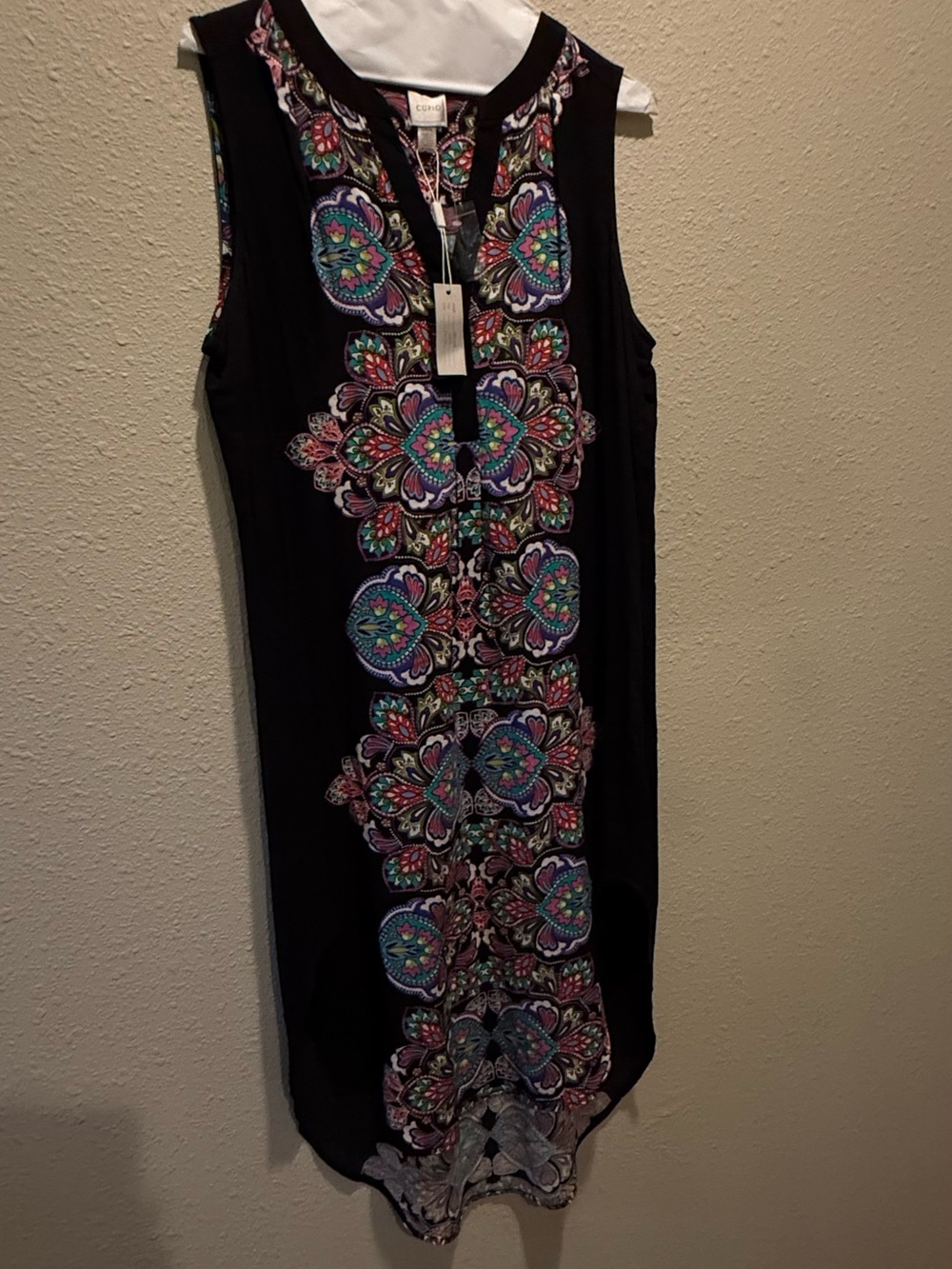 Cupio Black Sleeveless Tunic with Colorful Floral Medallion Panel